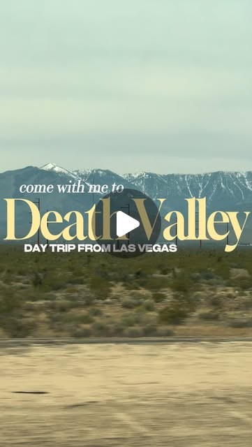 A desert road running towards mountains, over the words "Come with me to Death Valley, day trip from Las Vegas".